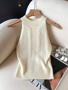 Áo dệt kim không tay thời trang mùa xuân dành cho nữ, với chi tiết dệt cáp và gân nổi, kiểu dáng tối giản, ôm sát, thanh lịch. - Màu be - Xem 8