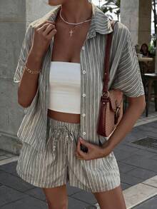 VIVINA Summer Casual Vacation Striped Print Loose Top And Shorts 2 Pieces Set, Women Summer Casual Outfit, Women Vacation Outfit, Women Loungewear - Grey - View 4