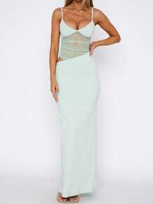 Women's Lace Splicing Cutout Maxi Dress V Neck Spaghetti Strap Sleeveless Bodycon Long Dress Y2K Elegant Backless Cocktail Evening Party Long Formal Dresses - 藍色 - 查看 2