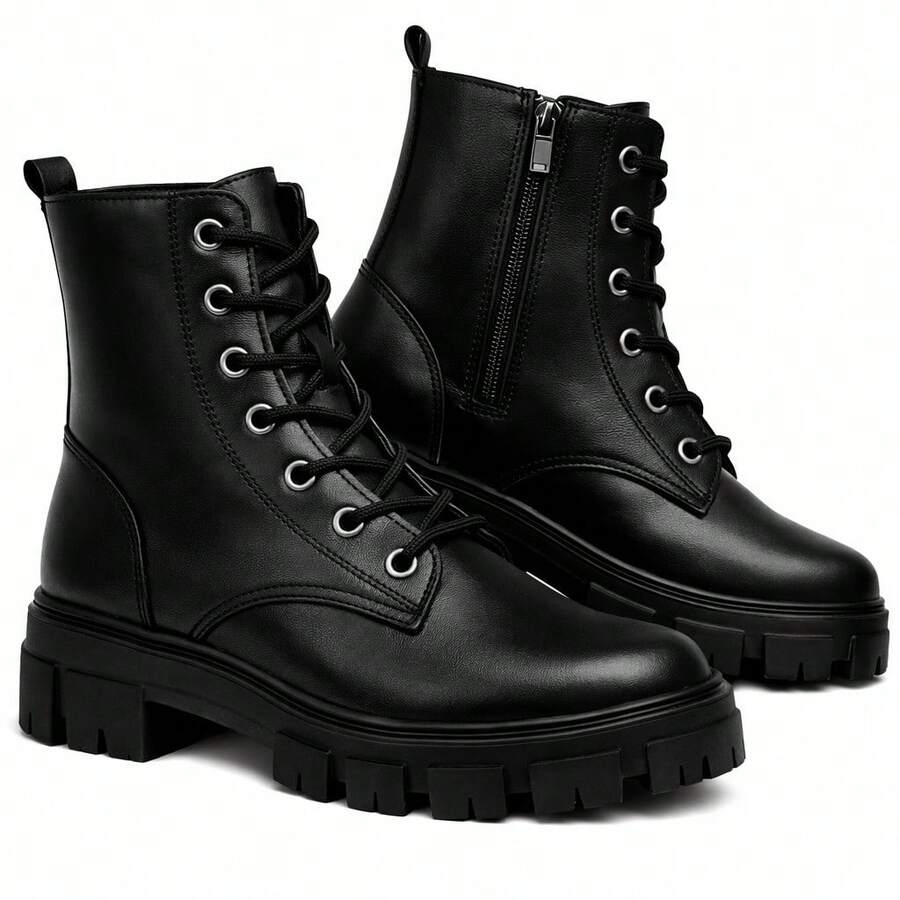 Women's Black Ankle Boot With Chunky Sole, Mid-Calf, Thick Sole, And Modern Design For Urban Looks - Black - View 1
