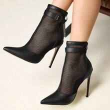 Sexy Fashion Party Mesh Patchwork Back Zipper Pointed Toe High Heel Ankle Boots - Black - View 2