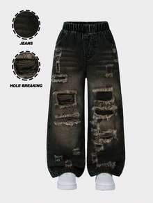 1pc Girls Distressed Fashionable Streetwear Denim Jeans, Spring/Summer New Arrival - Black - View 1