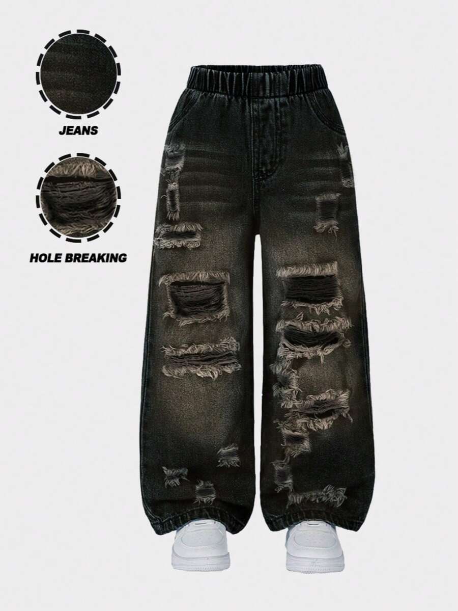 1pc Girls Distressed Fashionable Streetwear Denim Jeans, Spring/Summer New Arrival - Black - View 1