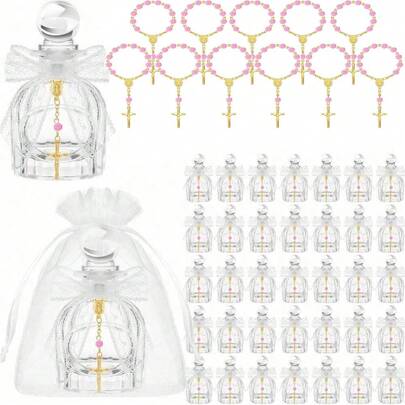 Set de 24 botellas de agua bendita católica al por mayor, regalos para invitados de bautizo, botellas de vidrio con pulsera de cruz dorada, bolsa de organza, cinta (lazo de encaje, rosa)