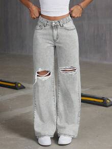 Jeans azul claro rasgados de moda para adolescentes. Elegante y versátil para todas las estaciones, pantalones vaqueros esenciales dulces y elegantes. - Gris - Ver 3