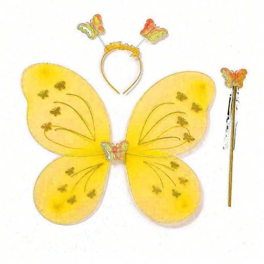 Kit Of 3 Butterfly Wing Fairy Costume With Wand And Tiara - Kuning - View 1