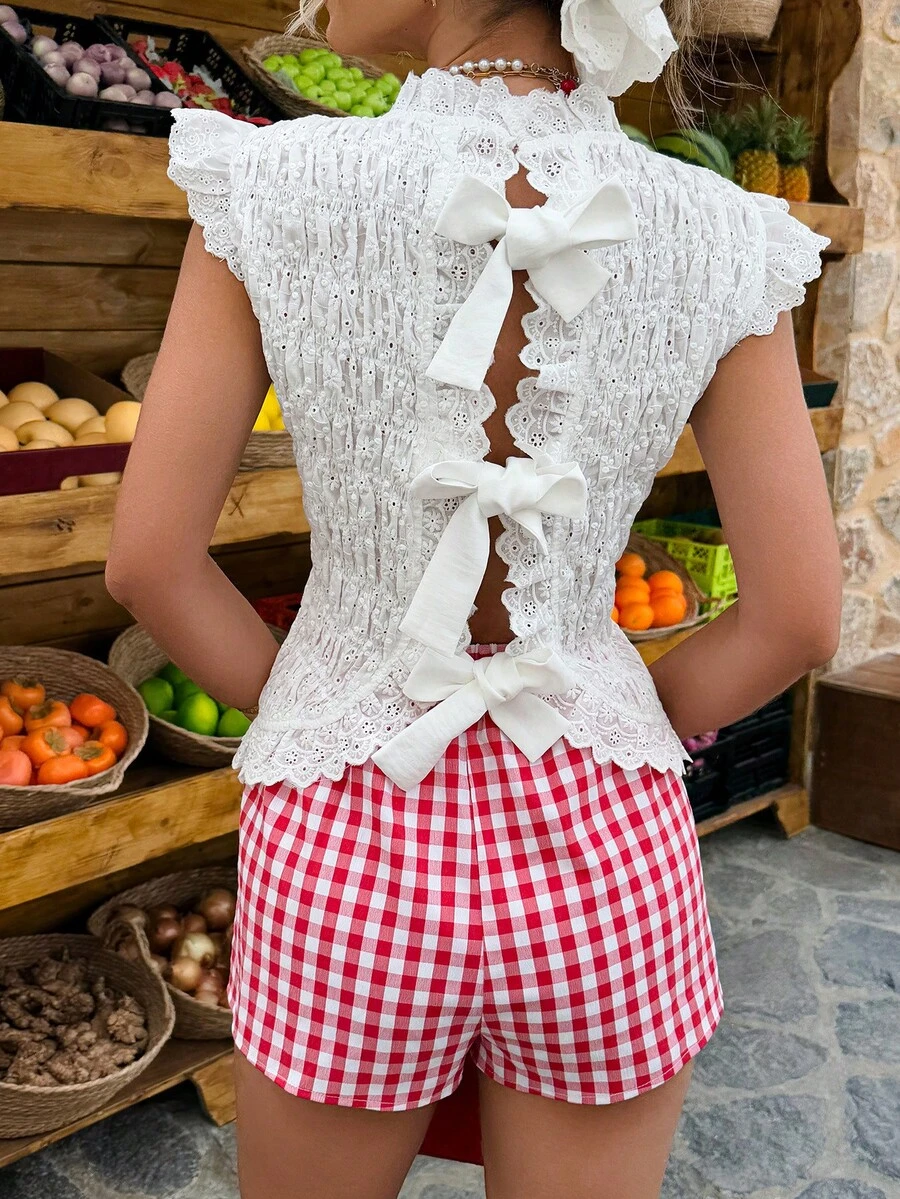 White Cotton Blouse With Embroidery, Pleated Details And Ruffle Cuffs - Fitted Waist Design, Butterfly Back, Bohemian Style Top, Suitable For Spring/Summer Casual Wear, Leisure Outings And Vacations - White - View 1