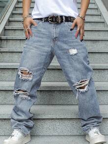 Men's Ripped Jeans Relaxed Fit Straight Leg Distressed Vintage Denim Pants Y2K Hip Hop Skater Streetwear Casual Trousers - 淺色水洗藍 - 查看 2