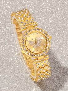 两件套优雅水晶石英表，奢华全镶钻女士腕表搭配心形钻石手链，适合节日、派对、婚礼、聚会和日常佩戴，是送给女性的最佳礼物。 - 金色 - 查看 2