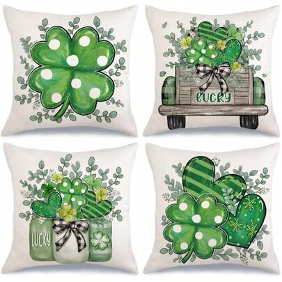 4件套圣帕特里克节幸运三叶草桉树心形梅森罐卡车枕套，绿色节日乡村风格家居装饰枕套，单面图案，不含枕芯