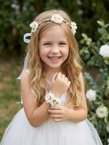 2件套米色网纱玫瑰花冠+花朵手链套装，适合女孩和女士，可用于婚礼、新娘、派对、拍照道具、周年纪念、情人节礼物、亲子装。 - 米色 - 查看 5