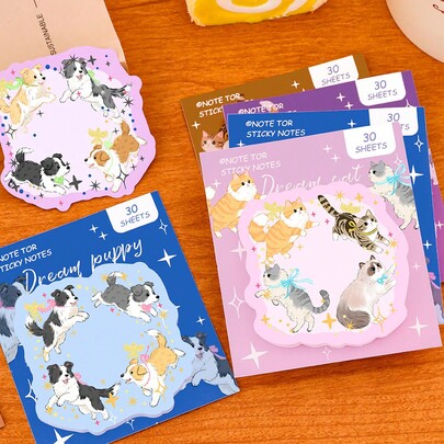 4 piezas Notas adhesivas de diario de gato y perro, bloc de notas con lindos dibujos animados de gatitos y cachorros, papelería creativa y de alta calidad para estudiantes