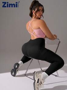 Zimi Collection Plus Size Solid Pink Seamless Ribbed Sexy Backless Crisscross Bra Removable Pad Workout Crop Top Athleisure Ropa Deportiva - Pink - View 6