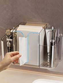1pc Bathroom Tissue Paper Holder, Transparent Wall-Mounted Storage Box, Multifunctional Rack Without Drilling - Multicolor - View 5