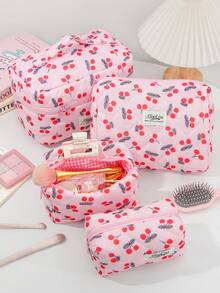 1件/套 红色樱桃图案大容量多功能化妆品收纳钱包包 便携式化妆刷收纳包 带拉链封口 可收纳口红、化妆刷、护肤品、手机、零钱、小物件 化妆包 化妆品收纳包 洗漱旅行包 - 彩色 - 查看 1