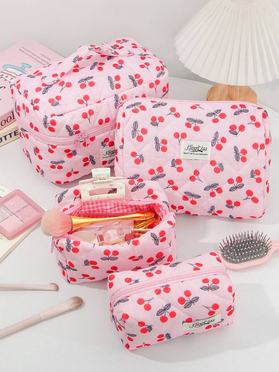 1件/套 红色樱桃图案大容量多功能化妆品收纳钱包包 便携式化妆刷收纳包 带拉链封口 可收纳口红、化妆刷、护肤品、手机、零钱、小物件 化妆包 化妆品收纳包 洗漱旅行包 - 彩色 - 查看 1