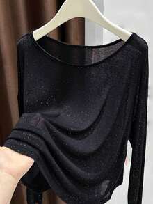闪亮透明长袖T恤，女士轻薄宽松防晒罩衫，适合春夏休闲穿着 - 黑色 - 查看 2