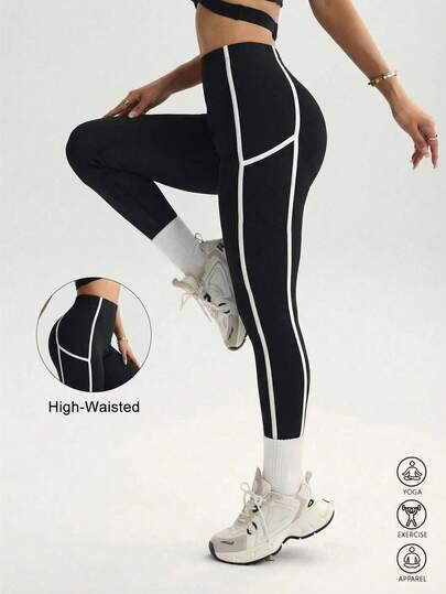 Leggings taille haute femme à rayures contrastées, pantalon de yoga slim élastique à rayures noires et blanches, vêtements de sport décontractés pour le printemps/l'été