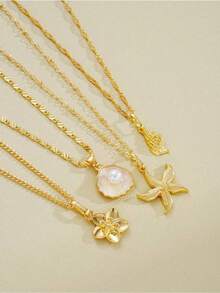 4-Piece Shell Starfish Pearl Flower Metal Multi-Element Pendant Necklace Set Fashion Layered Elegant Vintage Retro Design Suitable For Holiday Party Gift Daily Wear Beach Resort - Vàng - Xem 4