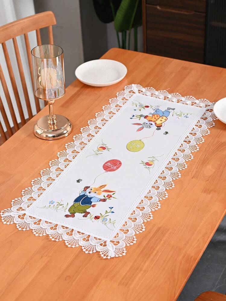 1 chiếc khăn trải bàn trang trí hình thỏ Phục Sinh và trứng, chất liệu polyester tối giản kiểu Bắc Âu, thêu họa tiết hoạt hình, viền ren rỗng, thích hợp cho phòng khách, phòng ngủ, bàn ăn, tủ TV, tủ đựng đồ, tủ ngăn kéo. - Nhiều màu - Xem 5
