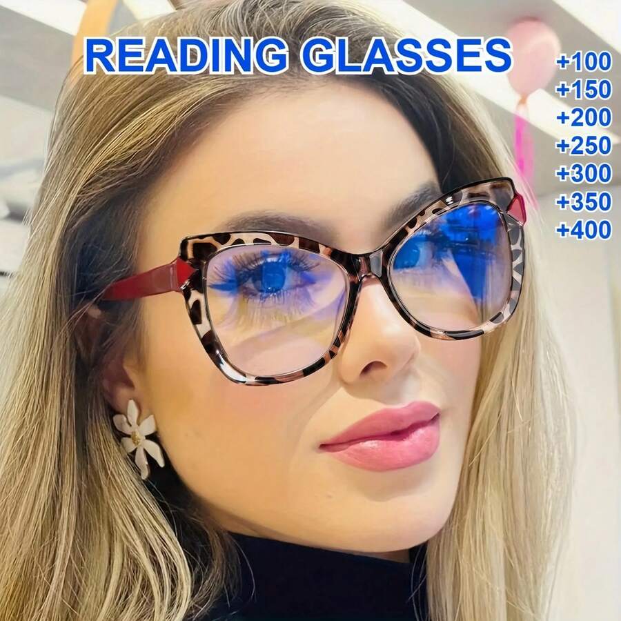 1 Piece Retro Leopard Cat Eye Unisex Glasses - Computer Glasses, Magnification +1.0 To +4.0, Full Frame Design, Lightweight And Fashionable, - Quantity: 1 (Red) - View 1