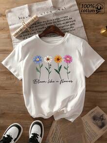 Women's Casual White Cotton Longline T-Shirt With Colorful Flower Graphic And Round Neck Short Drop Shoulder Sleeves - 白色 - 查看 2