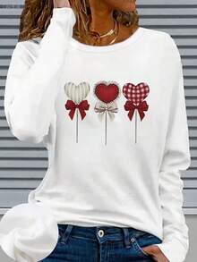 Women's Long Sleeve T-Shirt With Cute Heart Lollipop Print, Retro Style Niche Design Top, Cozy Cotton Crew Neck Pullover T-Shirt For Autumn/Winter - White - View 11