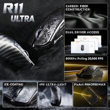 ATTACK SHARK R11 Ultra 8K 碳纤维无线游戏鼠标，PAW3950 MAX 传感器，49 克超轻，Nordic 52840 MCU 芯片，42000 DPI，有线/蓝牙/2.4GHz 无线可编程鼠标，适用于 Windows/PC/游戏玩家 - 墨水/波浪纹和防滑贴 - 彩色 - 查看 2