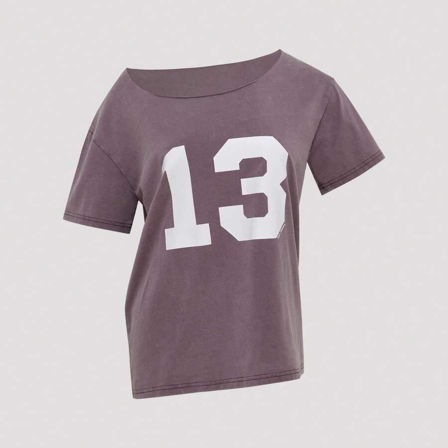 Women's Asymmetric Collar Numeric Print Knit Fabric T-Shirt, Suitable For Casual, Home, And Street Wear - Mauve Purple - View 1