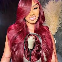 13x4 Lace Front Wigs Blended Human Hair Pre Plucked 200% Density Body Wave HD Lace Front Wigs Human Hair Transparent Frontal Glueless Wigs Virgin Human Hair With Baby Hair For Women #Burgundy 99J 34 Inch - SBUG - View 7
