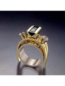 [Golden Emerald Ring] Stylish Golden-Tone Elegant Women's Ring - Synthetic Emerald And Diamond Accents, Alloy Material, Perfect For Daily Wear Or Y2K/Simple Style Parties - 彩色 - 查看 10