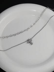 1pc Elegant Zirconia Inlaid Cross & Heart Pendant Dual Layer Necklace, Suitable For Women's Daily Dates, Music Festivals - Silver - View 3