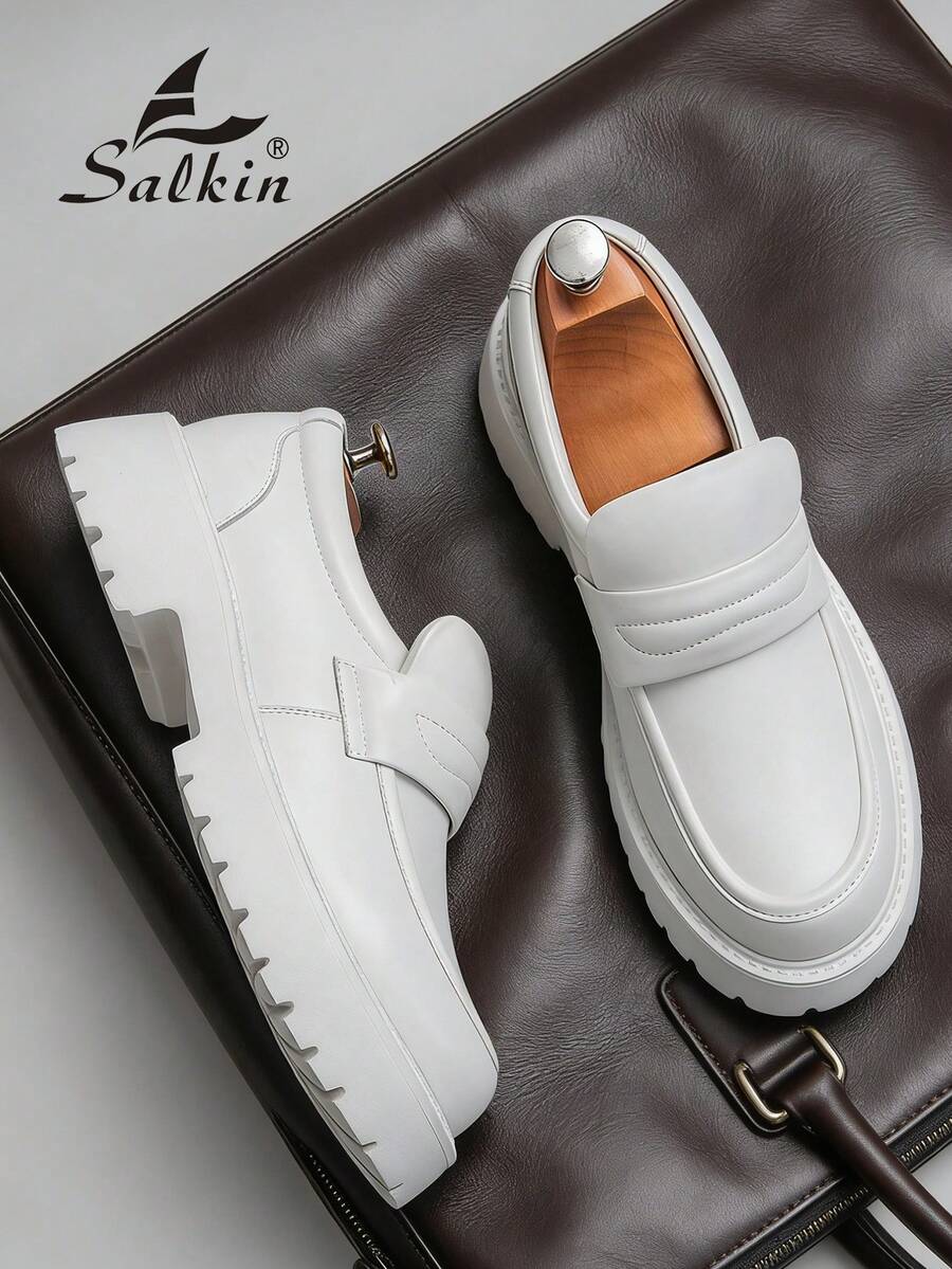 Abfuber New Designer Men's Slip-On Loafers, Soft Leather Upper, Thick Sole, Vintage British Style, Elevator Shoes. Affordable Luxury For Modern Living. Suitable For Back To School, College Students, Graduation Ceremony, Soft & Comfortable Round Toe Formal Dress Shoes, Gentlemen Business Office Commute, Daily Casual Wear, Couple Dating, Party, Wedding, Groomsmen. Recommend Ordering One Size Up Due To Smaller Sizing. Suitable For Spring, Summer, Autumn. - White - View 1