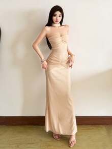 YeonC纯色优雅派对修身露背鱼尾下摆晚宴约会连衣裙 - 卡其色 - 查看 5