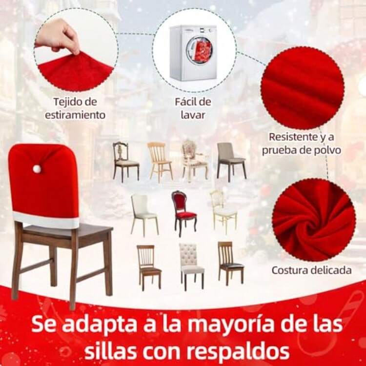 Juego de 6 Fundas para sillas de Navidad Juego de 6 Fundas Decorativas para sillas de Navidad Fundas para sillas de Navidad Gorro de Papá Noel 6 Piezas - 6 piezas - Añade 2