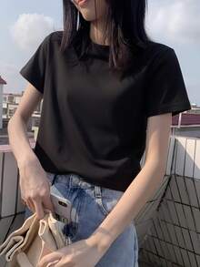Short Sleeve T-Shirt, Solid Color, New Summer Style, Slim Fit, Versatile, Round Neck Top Casual Black - Black - View 6