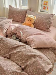 3件套100%涤纶春夏新款花卉图案床上用品套装，2个蝴蝶结枕套+1个被套（不含床单） - 彩色 - 查看 1