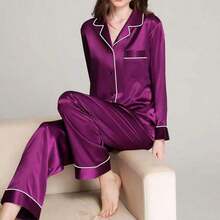 Valentine's Day Limited High-End Fashion Satin Silk Women's Pajama Set Long Sleeve Button-Down Sleepwear XS-3XL Comfortable Warm Loungewear - 紫色 - 查看 8