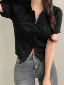 女款夏季休閒純色翻領拉鍊短袖針織開襟外套 黑色 - 黑色 - 查看 6