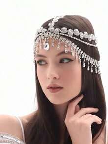 Rhinestone Tassel Forehead Pendant Headpiece, Fashionable European And American Style Stage Performance Hair Accessory, Hair Chain, Bride To Be, Party, Hair Accessories For Women - Gold - 查看 3