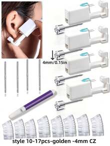 17 pièces/set Kit de perçage d'oreilles jetable et stérile, comprenant 4 pistolets de perçage d'oreilles, 4 tampons de nettoyage d'oreilles, 8 couvercles de protection d'oreilles jetables et imperméables, et 1 stylo de marquage. Convient pour le perçage d'oreilles personnel ou professionnel - Multicolore - Voir 16