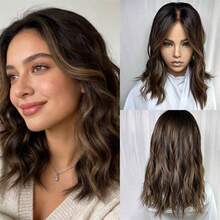 Peluca corta con ondas de bob, con degradado marrón y reflejos dorados para mujeres, sin pegamento, con línea del cabello previamente desbastada, de fibra resistente al calor de alta calidad, adecuada para cosplay, uso diario y fiestas - Multicolor - Ver 15