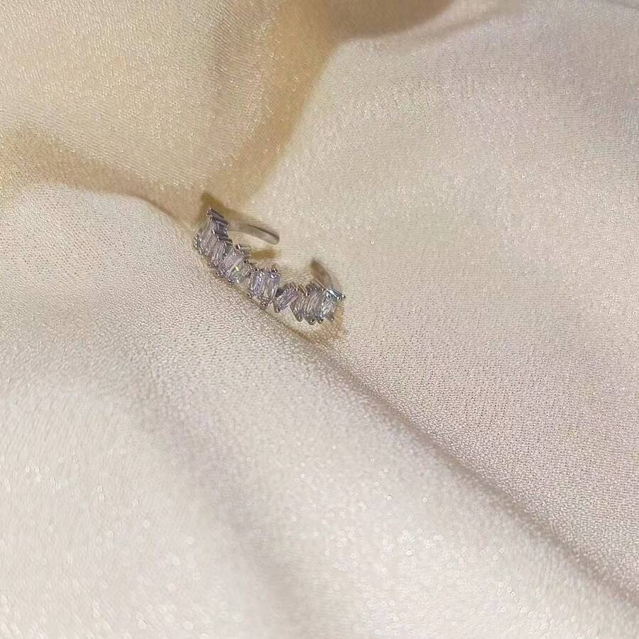 1pc Adjustable Bridal Party Ring, Gold/Silver Crossed Cubic Zirconia Double Row Rhinestone, Suitable For Wedding, Party, Casual Wear - Silver Ladder - View 1