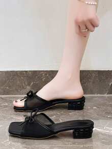 女士凉鞋，夏季厚跟露趾罗马系带蝴蝶结角斗士凉鞋，网面女士拖鞋 - 黑色 - 查看 8