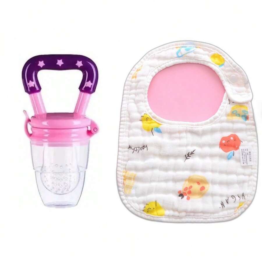 Kit Alimentação Chupeta Mordedor Frutas e Babador em forma de U Infantil bebê introdução Alimentar - Kit Rosa - Visão 1