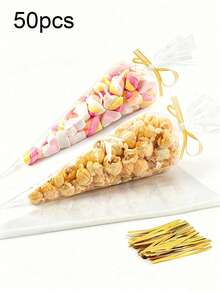 50/100pcs Cone-Shaped Candy Bags With 50pcs Twist Ties, Transparent Cone-Shaped Glassine Paper Candy Bags, Cone-Shaped Triangular Plastic Bags, Suitable For Holding Snacks, Popcorn, Candies, Plastic Cone-Shaped Candy Bags For Party Favors, Gift Packaging, Packaging Decoration And Storage. - Multicolor - View 9