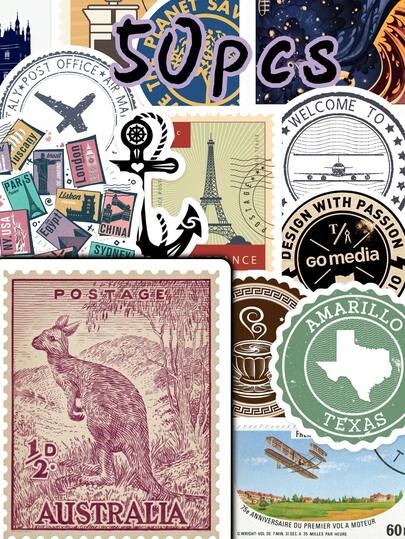50张复古旅行贴纸涂鸦装饰图案，适用于信封、笔记本电脑、滑板、冰箱、汽车装饰贴花，一次性乙烯基材质，非常适合派对赠品和礼品，玻璃表面奖励贴纸