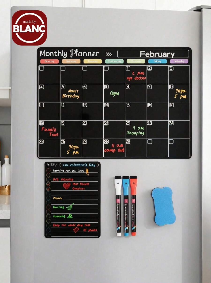 Magnetic Erasable Refrigerator Calendar, Monthly Meal Planner And Today's Menu Whiteboard, 2pcs Fridge Chalkboard, Suitable For Kitchen Office, Includes 3 Marker Pens And 1 Eraser - Black Set [random Color Of Colored Pencils and Erasers] - View 1