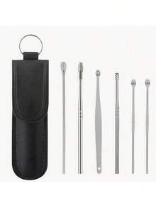 Portable 6-Piece Ear Cleaning Kit – Spiral Spring Ear Picks & Ear Digger Tools - Black - View 1