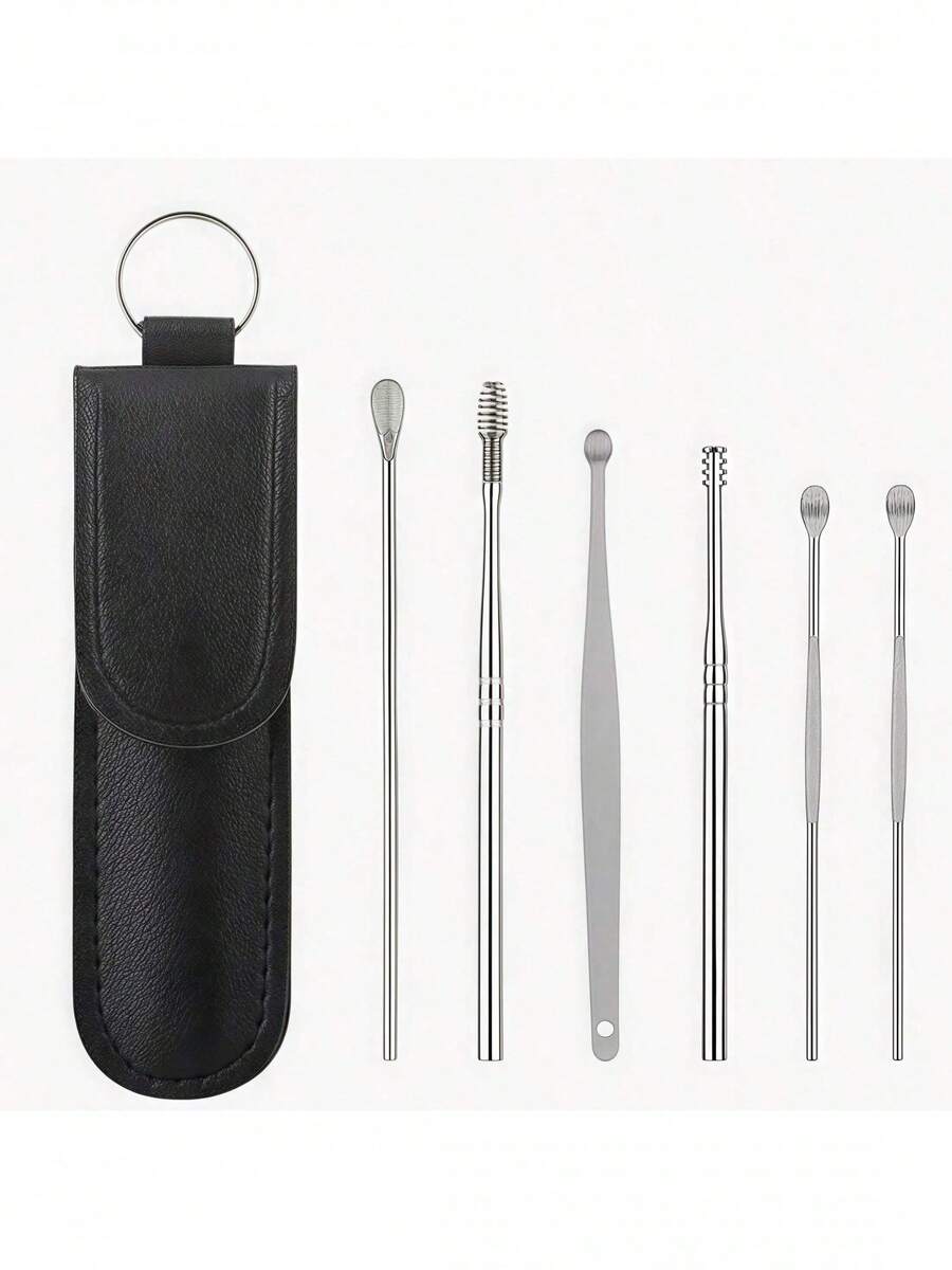 Portable 6-Piece Ear Cleaning Kit – Spiral Spring Ear Picks & Ear Digger Tools - Black - View 1